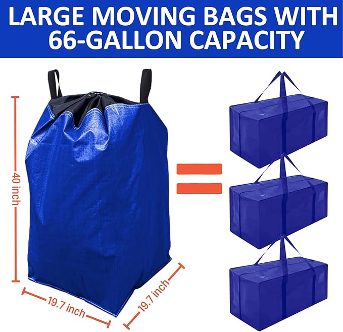66 Gallon Extra Large Moving Bags with Handles, Heavy Duty Waterproof Storage Totes for College Dorm and Home, Packing Supplies for Moving Boxes, Set of 4