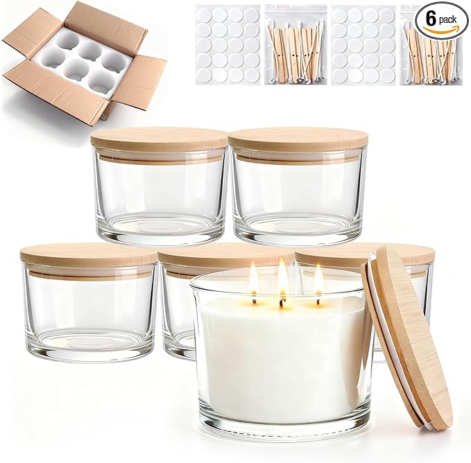 16oz Glass Candle Jars, 6-Pack 3 Wick Candle Jars for Making Candles, Empty Thick Glass Wide-Mouth Jars with Bamboo Lids & Wick Kits, Candle Containers Bulk - Clear