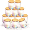 CONNOO 12 Pack 10 OZ Iridescent Glass Candle Jars for Making Candles with Airtight Bamboo Lids Nice Sticky Warning Labels for Candle Making Empty Container Bulk - Dishwasher Safe