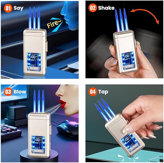 Smart Butane Torch Lighter - 4 Ignition Modes, Refillable and Rechargeable Lighters, Windproof Triple Flames with LED Battery Level and Ignition Count Display (Without Fuel) (Silver)