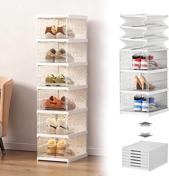 Shoe Storage Organizer Box 6-Tier Foldable Collapsible Stackable Shoe Rack Bins, Fit Size 12, No Assembly, for Men and Women (Transparent)