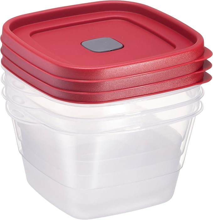 Tribello BPA-Free Plastic Food Storage Set, Red Vented Lids - Microwave, Dishwasher Safe: Perfect for Meal Prep, Leftovers, and Kitchen Organization (3 x 7-Cup)