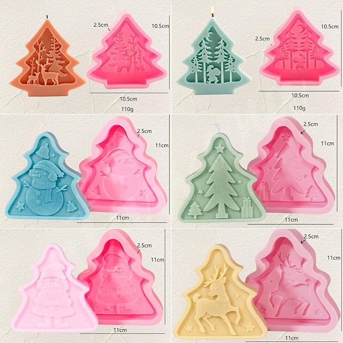 6pcs Christmas Tree Shaped Silicone Mold Set, Atarvana Relief Style Christmas Molds with 10pcs Candle Wick for Soap Candle Making -Christmas Trees, Santa Claus, Reindeer, Snowman