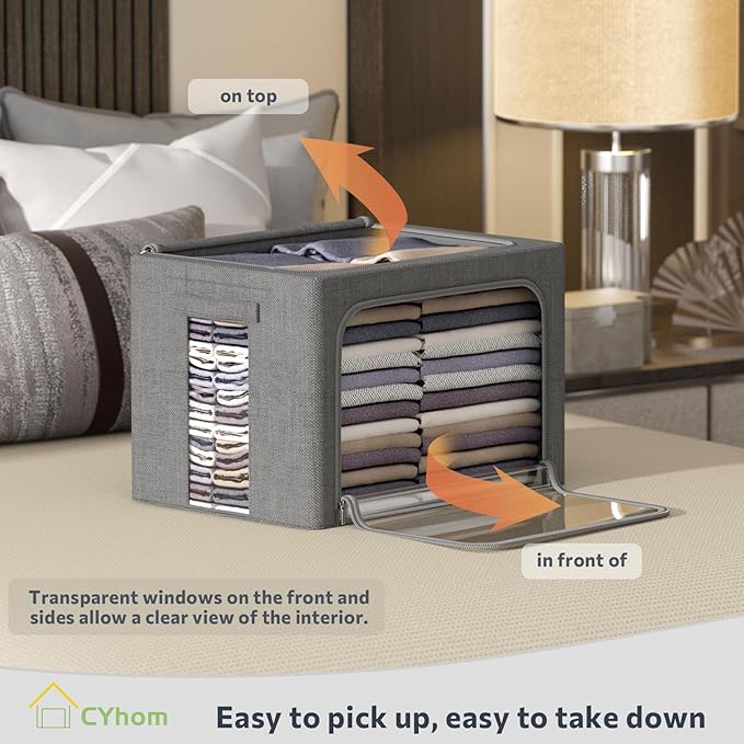 CYhom 4 Pack Clothes Storage Bins with Metal Frame - Linen Fabric Foldable Stackable Container Organizer Set with Clear Window & Carry Handles & Zippers (Dark Gray, 23.6"x16.5"x15.7")
