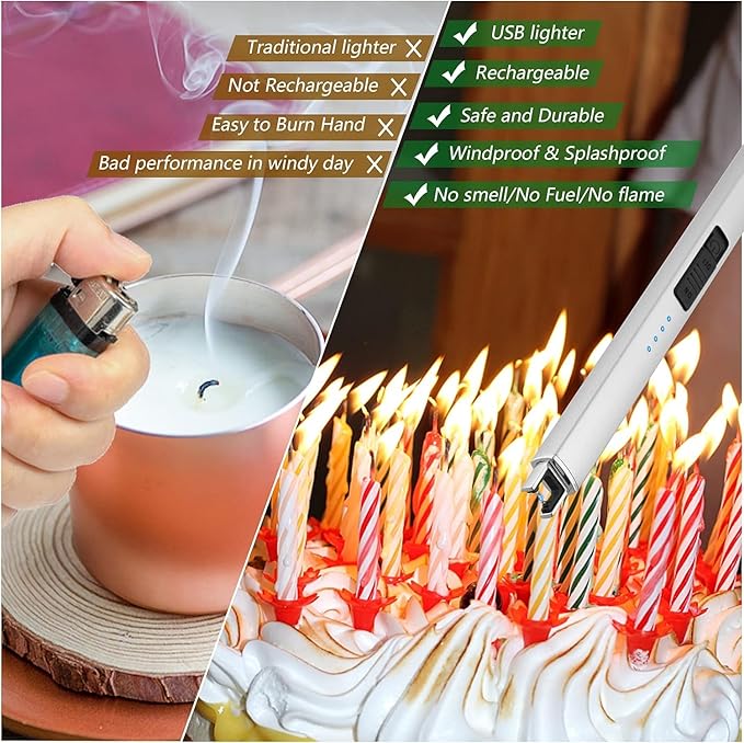 MEIRUBY 2 Pack Electric Candle Lighter, Christmas Stocking Stuffers Gifts for Women Mom Men Wife Sister, USB Arc Rechargeable Windproof Long Lighter for Candle BBQ Housewarming Birthday Gifts Idals