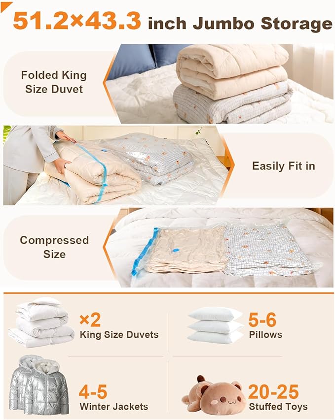 6 Pack Jumbo Extra Large 51.2” x 43.3” Vacuum Storage Bags for King Size Comforter Bedding Pillow, 5XL Vacuum Seal Bags Space Saver Reusable Heavy Duty for Coat Quilt Blanket Clothing