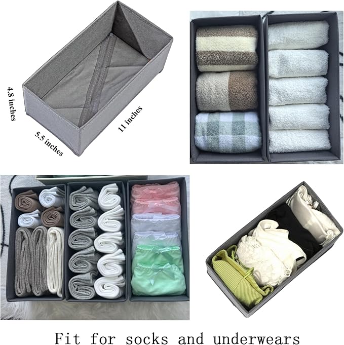 Sock Drawer Organizer 9 Pack - Collapsible Fabric Storage Bins for Underwear Divider, Small Closet Organizers with 9 Compartments, Gray