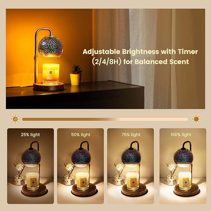 Glocusent Candle Warmer Lamp with Timer, 3D Glass Globe, Antique Base, Dimmable Height Adjustable Wax Melter for Scented Jar Candles, 2-8H Auto Off, Christmas Birthday Gifts for Women, Home Decor Gift