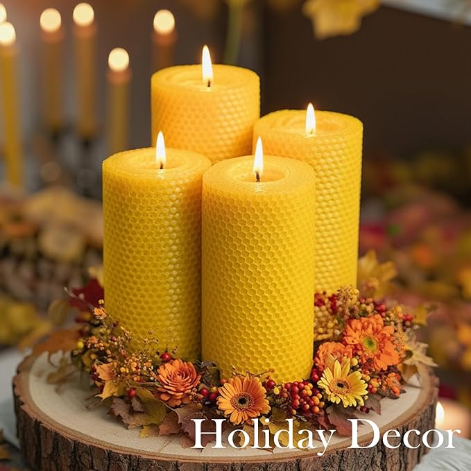 4 Packs 3x6 Inch Beeswax Candles, Large Honeycomb Beeswax Pillar Candles, 45 Hours Burn Time, Natural Pure Bees Wax Candle for Home Decor, Candle Lovers, Air Purify, Gift Sending