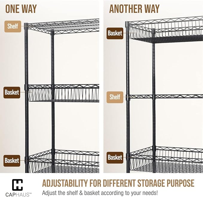 Fencer Wire NSF 5 Tier Wire Shelving Unit w/Baskets & Liner, Storage Rack Kitchen, Bathroom, Laundry Closet, Wire Shelving Basket Shelves, Storage Rack Corner Shelves, Black