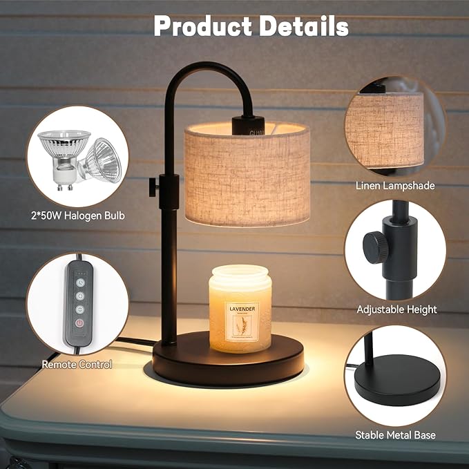 FINCMY Candle Warmer Lamp with Timer, Dimmable Candle Wax Warmer Candle Lamp Warmer with 2 Bulbs, House Warming Gifts Birthday Gifts for Women Bedroom Home Decor (Linen-Upgraded)