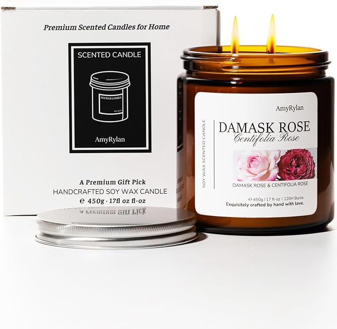 2 Wicks 17oz Large Non-Toxic Soy Wax Scented Candle, Damask Rose&Centifolia Rose 120 Hours of Burn Time, Long Lasting Candle for Gift, Cost-Effective Candle for Home Fragrance, Aromatherapy