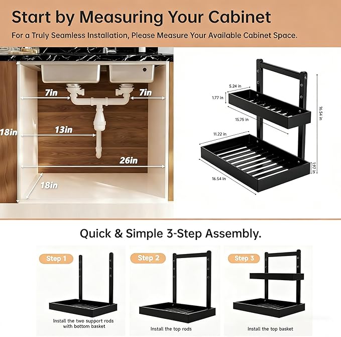 2-Tier Under Sink Pull Out Organizer, Bamboo Cabinet Storage Shelf with Adjustable Height, Slide Out for Kitchen Bathroom Pantry Black