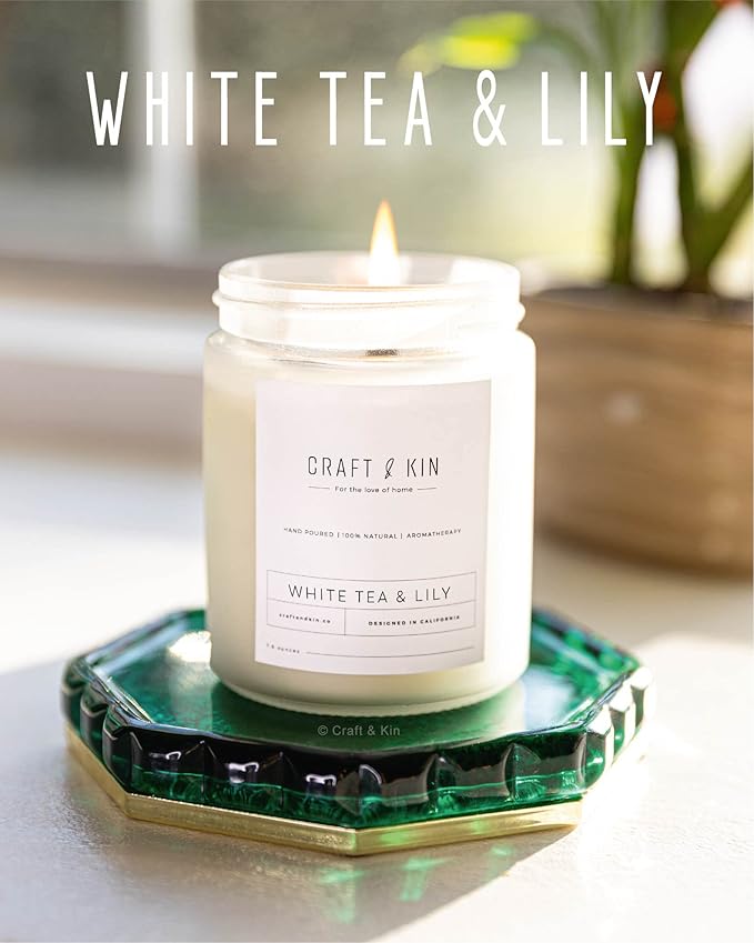 Craft & Kin White Tea & Lily Scented Candle | 8 Oz 45 Hour Long Lasting | Classic Soy Scented Woodwick Holiday Candles | Made with Natural Soy | Winter Candles Gifts for Men and Women