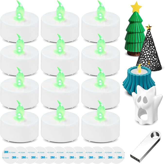 DIY LED Light Kit for 3D Printed Lamps - Compatible with Bambulab KC008, KC017, KC018 - Great for Unique Tea Light Holders, Candlestick Lamps, 3D Printed Projects - Natural Green, 12-Pack