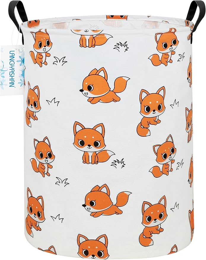 LANGYASHAN Laundry Basket Canvas Fabric Collapsible Organizer Basket for Storage Bin Toy Bins Gift Baskets Bedroom Clothes Children Nursery Hamper (Round Fox)