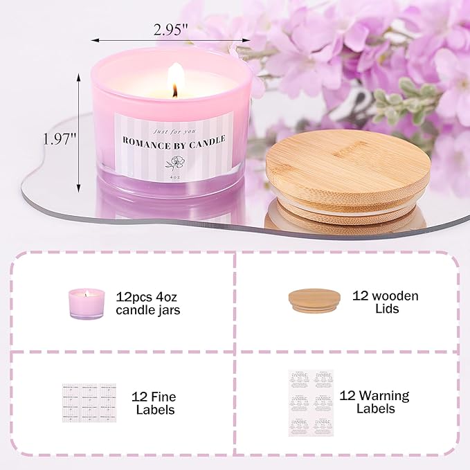 REISEN 12 PCS Purple Candle Jars for Making Candles, 4 OZ Glass Jars with Bamboo Lids and Sticky Warning Labels, Candle Containers for DIY Gifts, Candle Making Supplies