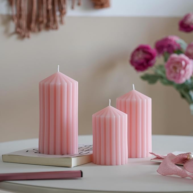 3 Pack Pink Ribbed Pillar Candles - Soy Wax Unscented Candles, 2.76x4.2/4.9/5.9 Inch Smokeless Non Toxic Cotton Wick, Perfect Spring Pillar Candles for Home Decor, Bathroom, Spa & Wedding