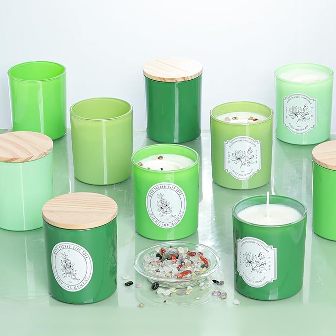 12Pcs Assorted Green Glass Candle Jars with Wooden Lids for Making Candles, 10 OZ Empty Candle Jars with Labels and 100g Crystal Rocks, Candle Making Supplies Candle Containers for Home DIY & GIFTS