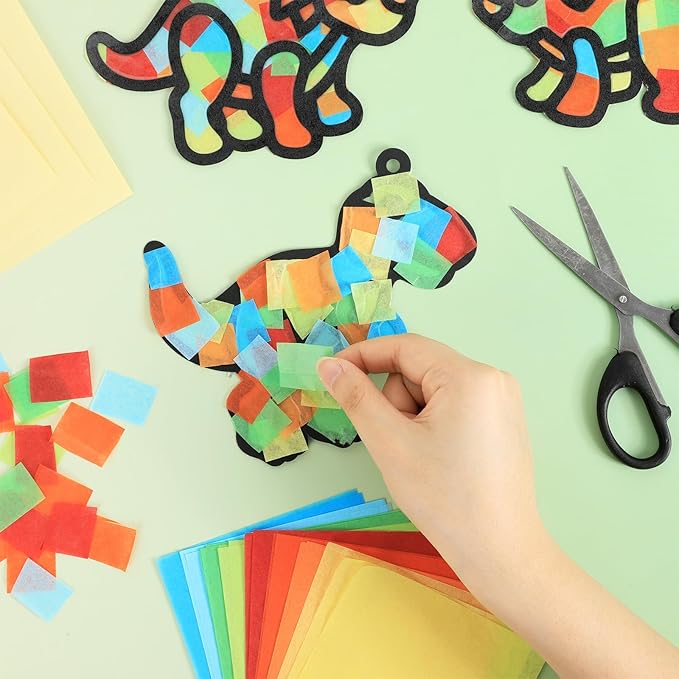 Qyeahkj 36 Set Dinosaur Suncatchers Crafts for DIY Dinosaur Tissue Paper Crafts Window Stained Glass Effect Dino Hanging Decor Home Creative Activity Art Projects Birthday Party Favor Gift