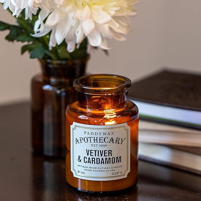 Paddywax Artisan Apothecary Scented Candle with Lid in Reusable Glass Jar, Clean-Burn Soy Candle with Approx. 54 Hour Burn Time, Vetiver & Cardamom, 8 oz.