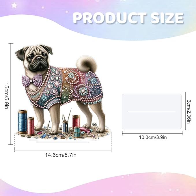 antor Diamond Painting Desktop Ornament Kit, Pug Dog DIY Acrylic Diamond Art Tabletop Decoration, Special Shape Crystal Diamond Painting Figurine Ornaments Kit for Adult Beginner