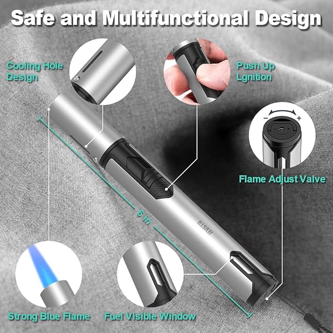 Torch Lighter, Butane Lighter 6.0in Long with Fuel Level Window, Windproof Pen Adjustable Jet Flame for Grill Candle Kitchen Fireplace Camping BBQ, Men Gifts, Silver. (Gas not Included)