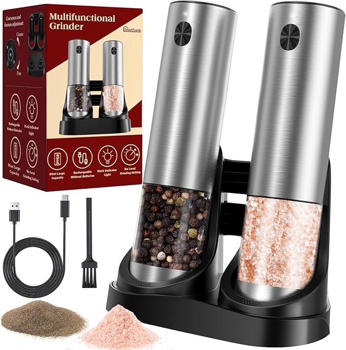 Electric Salt and Pepper Grinder Set with Rechargeable Base, 6 Adjustable Coarseness Levels, 95ml Large Capacity & Clear Container, Pepper Grinder Mill Electric with LED Light, 2Pack