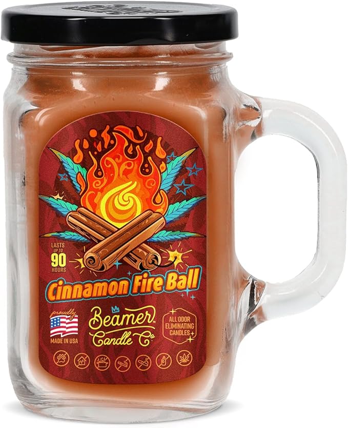 Cinnamon Fireball Candle – Odor Eliminating, Strong Scent – Bold Cinnamon Spice – Long Lasting 90 Hour Burn – Large 12oz Mason Jar – Made in USA – Beamer Candle Co.