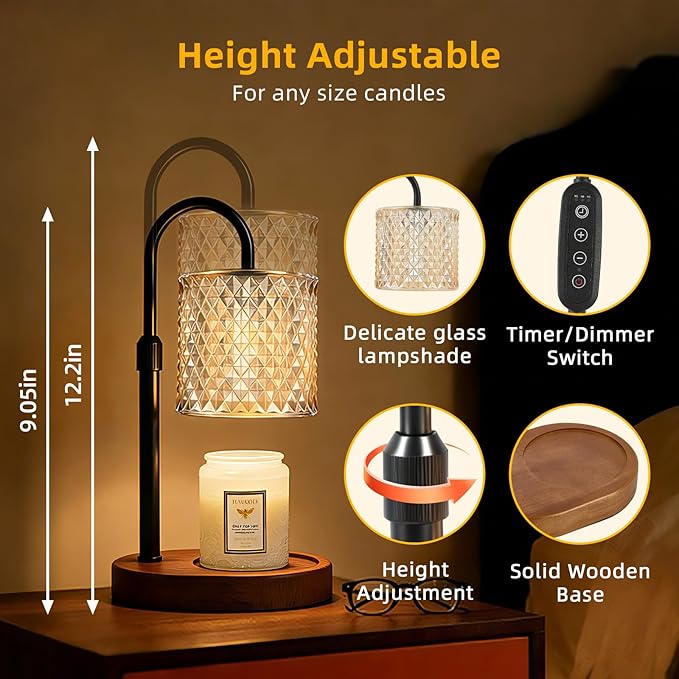 Height Adjustable Candle Warmer Lamp with Timer, Dimmable Candle Warmer for Jar Candles(Not Included), House Warming Home Decor Cozy Wax Melts Warmer, Christmas Birthday Gifts for Women Mom (Black)