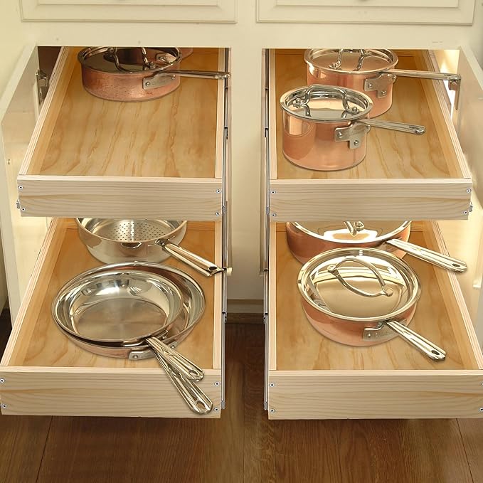 Mulush Pull Out Cabinet Organizer, 26''W×21''D×16''H Soft Close Slide Out Wood Drawer Shelves Storage for Kitchen, 2-Tier, Finished, Heavy-Duty, Bottom Assembly