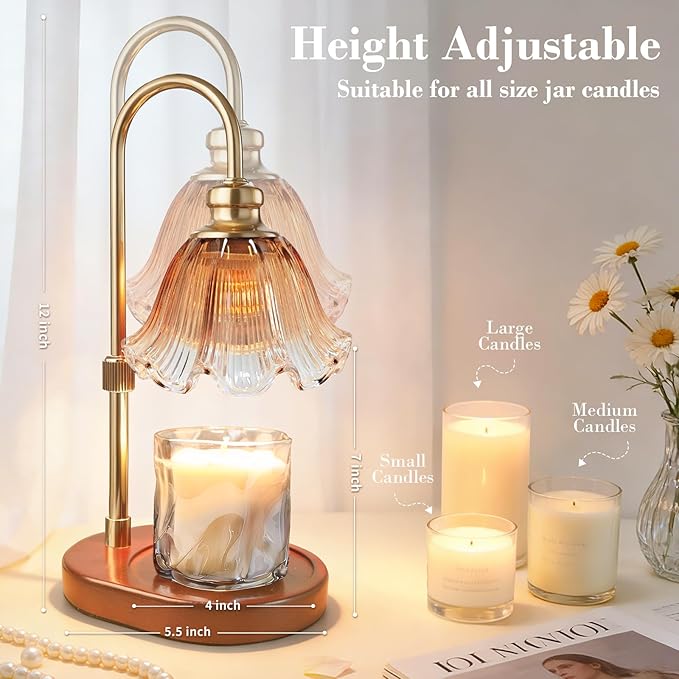 Candle Warmer Lamp with Timer: Birthday Gifts for Women, House Warming Gifts New Home Decor – Height Adjustable Candle Lamp for Mom, Anniversary - Walnut Solid Wood Base, with 2 Bulbs
