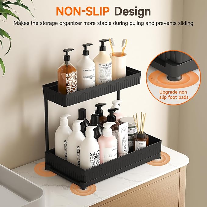 3 Pack Multi-Purpose Pull-Out Storage Organizers, 2-Tier L-Shaped Under Sink/Cabinet Organizers and Storage for Bathroom & Kitchen, Black, 12.8 Inches