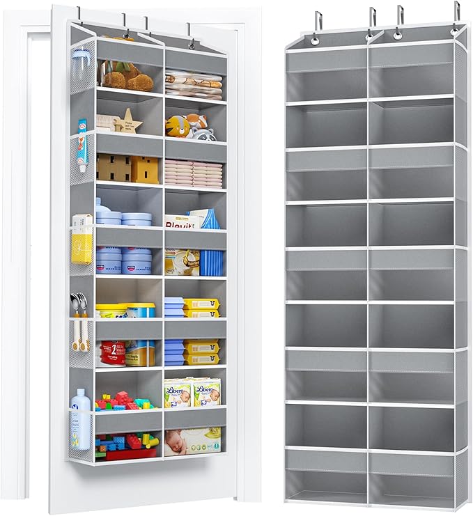 PureSpace 5-Tier Over the Door Organizer, 10 Side Mesh Pockets & Clear Windows, 80LBS Heavy Duty Hanging Storage for Baby Diapers, Shoes, Toys – Ideal for Nursery, Bathroom, Bedroom, Pantry (Grey)