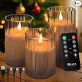 Rechargeable Flameless Candle, Flashing LED Pillar Real Wax Candle with Remote Control and Timer, Grey Stripes Glass Electronic Candles for Room Decoration, 1 Set of 3