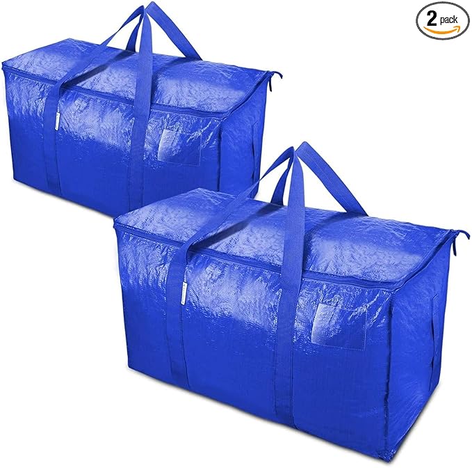 Extra Large Heavy Duty Moving Bags - 2 Pack Storage Tote Bag Bins with Zippers & Carrying Handles, 24 Gallons, Reusable Moving Boxes for Clothes, Bedding & Home Organization