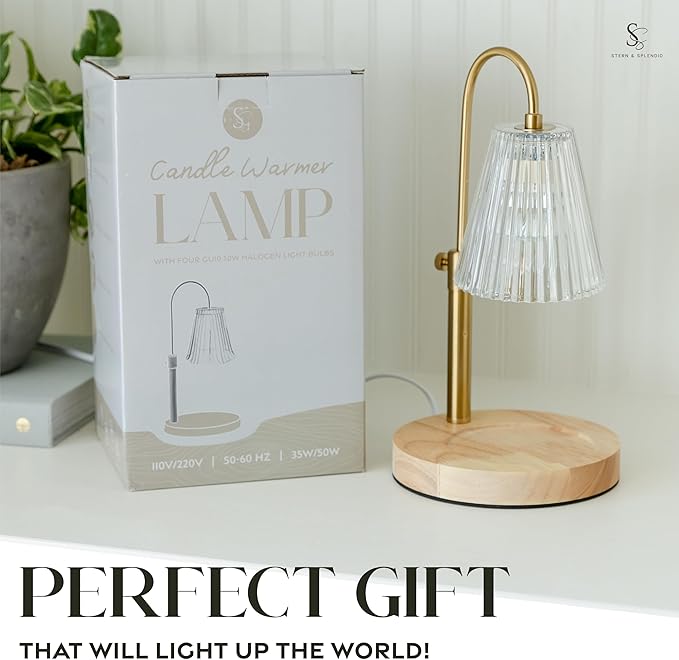 STERN & SPLENDID Adjustable Wood Candle Warmer Lamp for Jar Candles – Large Round Base, Dimmable Electric Candle Melter with Timer, Flameless Candle Heating Lamp with 4 Halogen Light Bulbs