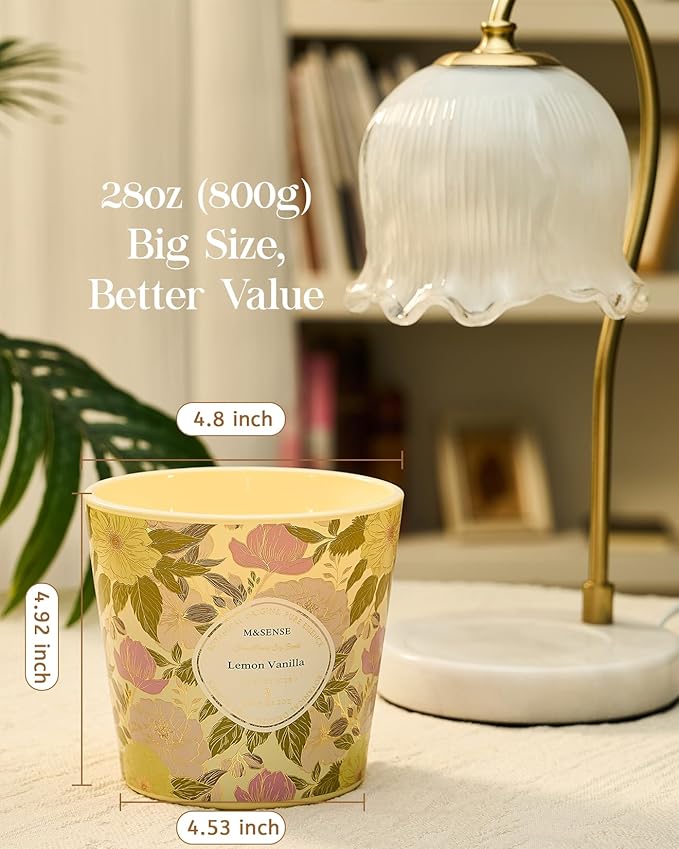 M&SENSE Lemon Vanilla Scented Candle, 28.2oz 3 Wick Natural Soy Wax Large Candles, Long Lasting Clean Slow Burning No Toxic Décor for Home Relaxation, Romantic Dates & Gift-Giving