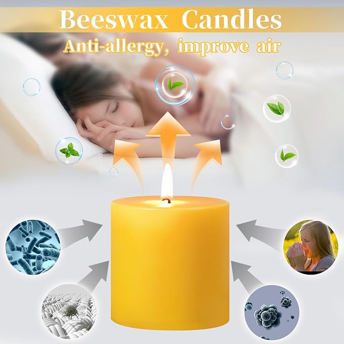 2 Pack Natural Beeswax Pillar Candles,100 Hours Burning Bees Wax Candles for Home, 100% Pure Beeswax Candle for Emergency, Prayer, Smokeless, Non-toxic-3X3 in