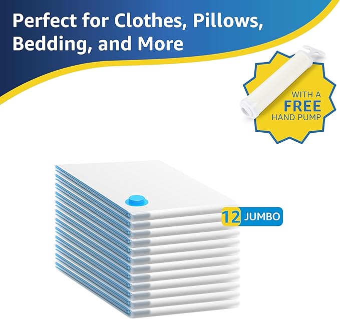 12 Jumbo Compression Storage Bags, Vacuum Seal Bags with Hand Pump for Blankets, Comforters, Bedding, Pillows and Clothes Storage