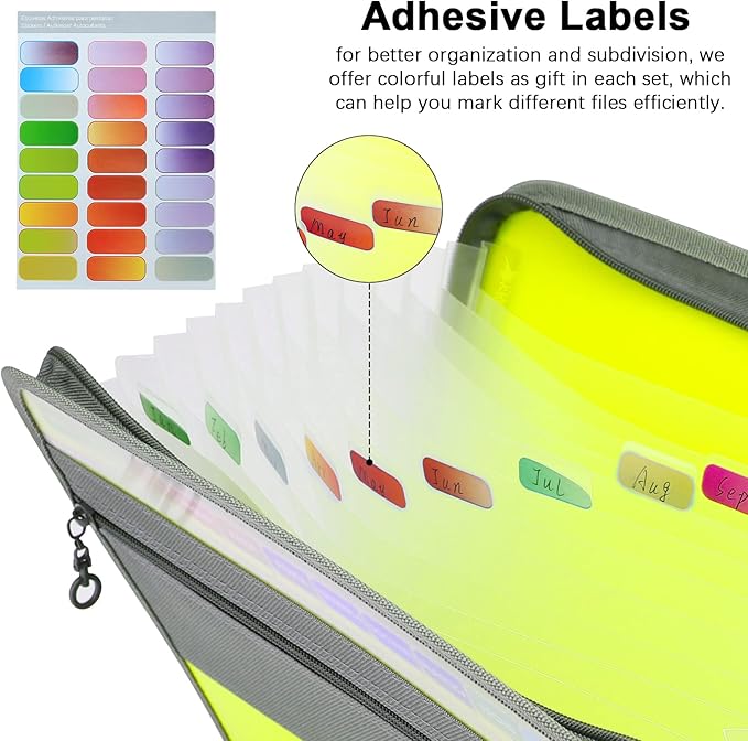 NAFY Expanding File Folder, 13 Pockets Document Organizer with Zipper, A4 Letter Size Portable Accordion Expanding File Folders with 27pcs Multicolor Labels for Home Office School Supplies (Green)
