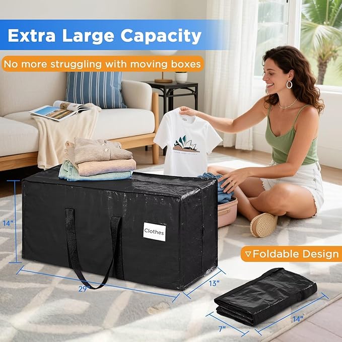 Extra Large Moving Bags Heavy Duty Storage Bags with Zipper Handles, BETU 4 Pack Clothes Storage Totes Bins Packing Moving Boxes, Moving Supplies for College Dorm Essentials, Space Saving, Black