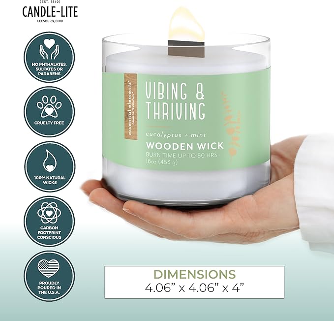 Candle-lite Essential Elements Scented Candles, Vibing & Thriving, 16 oz Jar, Proudly Poured in The USA, Aromatherapy, Single-Wick with 50 Hours of Burn Time, Perfect for Creating a Relaxing Ambiance