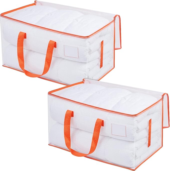 KYODOLED Clear Moving Bags with Orange Handles, 2-Pack Heavy Duty Storage Totes for Clothes & Bedding, Extra Large 27"x14"x15" (24 Gal), Foldable Transparent Moving Supplies with Label Pocket