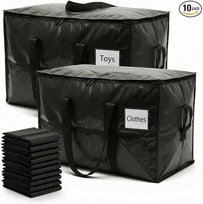 HOLDN’ STORAGE 10-Pack Moving Bags, Extra Large Storage Totes with Zipper Lids, Heavy-Duty Reusable for Clothes, Bedding, Books, Mixed 30 & 45 Gallon (5 Each)