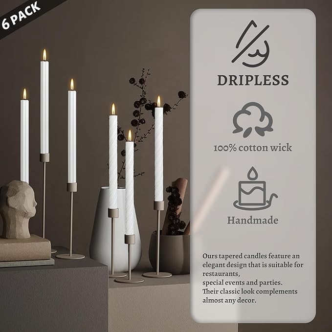Dripless Unscented White Spiral Taper Candles Smokeless Long Lasting Burn 10 Inch Elegant Roman Column Candlesticks for Home Décor Set of 6
