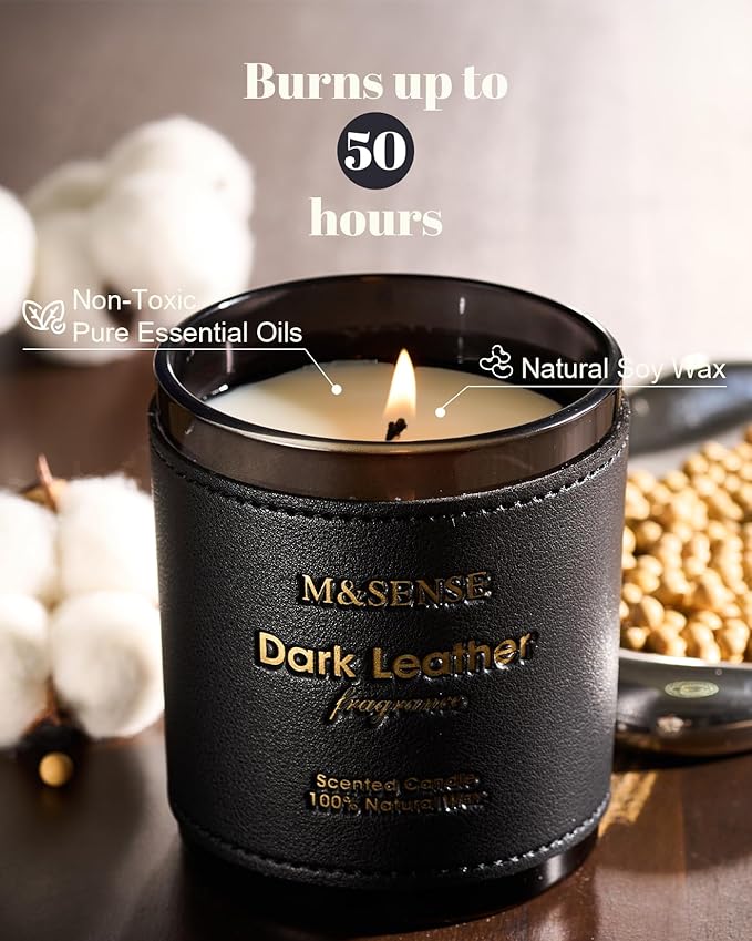 M&SENSE Tobacco Leather Berries Vegan Soy Candles, Heavy Scented 10oz 42-Hour Long Burning, Winter Home Fragrance for Cozy Relaxation, Housewarming New Year Gifts for Men & Women
