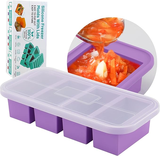 SHIKORI Silicone Freezer Molds With Lids, Easy Meal Prep Container and Kitchen Storage Solution, Silicone Molds for Food, Soup, Smoothie Storage and More (Purple-4 Cup)
