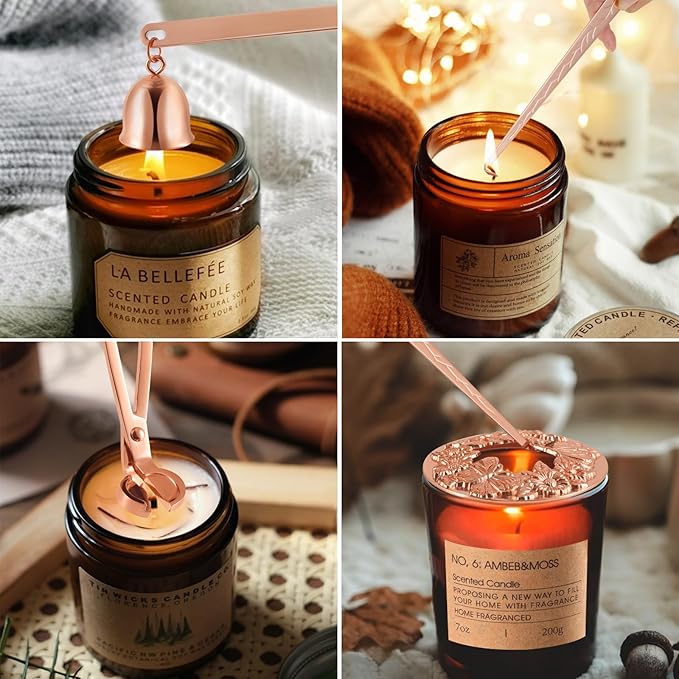 5 in 1 Candle Accessory Set Including Wick Trimmer、Candle Snuffer、Wick Dipper and Candle Toppers for Jar Candles to Burn Evenly for Candle Care Tools - Rose Gold
