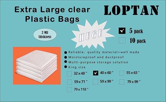 Large Clear Plastic Bags 40 x 60 Inches Extra Large Storage Bags Great for Moistureproof, Dustproof, Luggage, Home Appliances, Big Plush Toys, Moving, Storage and More (5 pack)